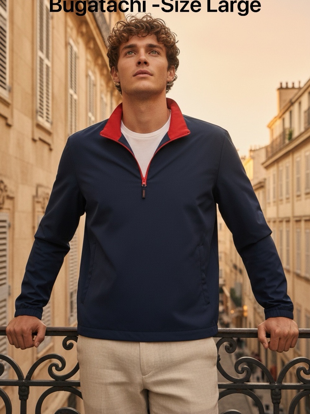 Bugatchi Mens Navy with Red Collar Large Jacket JX4050W1 NWT Two Pockets